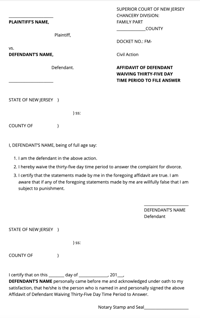 SAMPLE Affidavit Waiving 35 Days to File an Answer Form