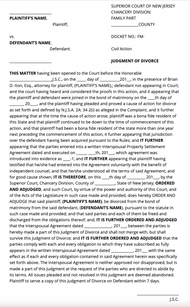 SAMPLE Judgment of Divorce with Reference to Property Settlement Agreement Form